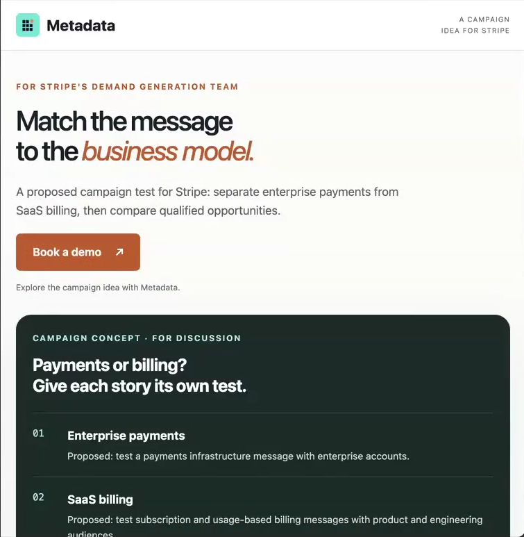 Unpublished Stripe account-page draft separating enterprise payments and SaaS billing
