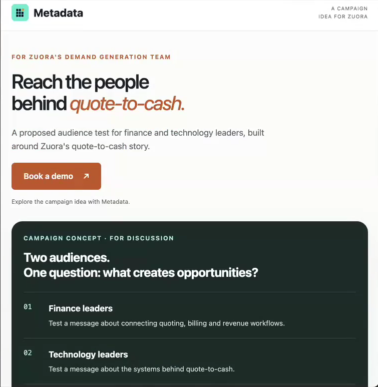 Unpublished Zuora account-page draft with finance and technology campaign ideas