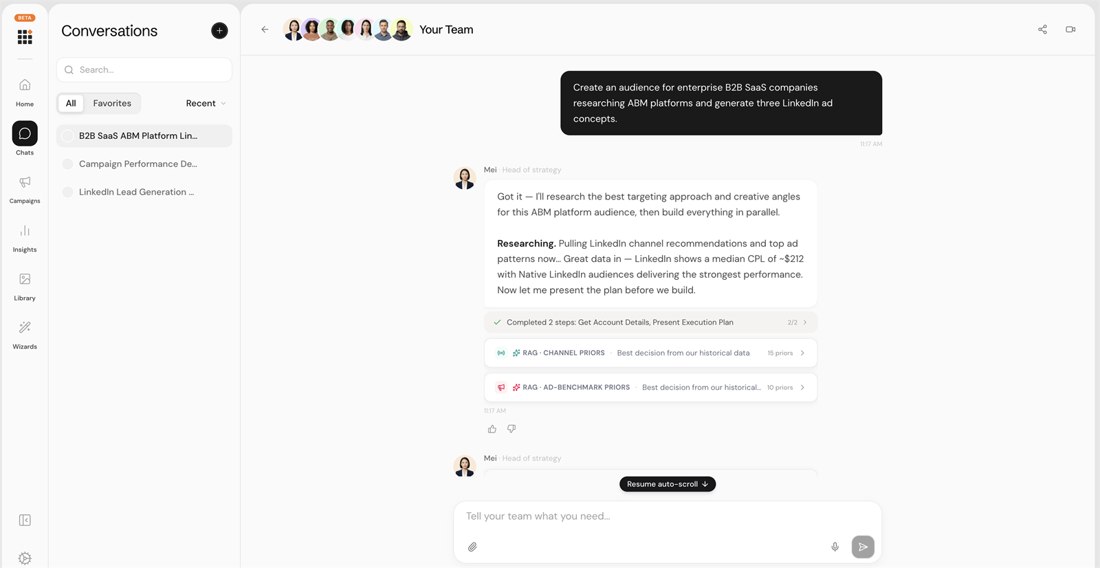 Metadata prompt-first team chat with an audience and creative request