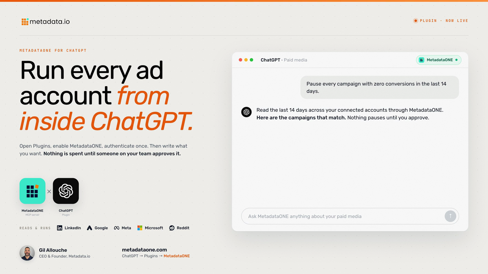 Illustrative MetadataONE ChatGPT demo showing a campaign review request