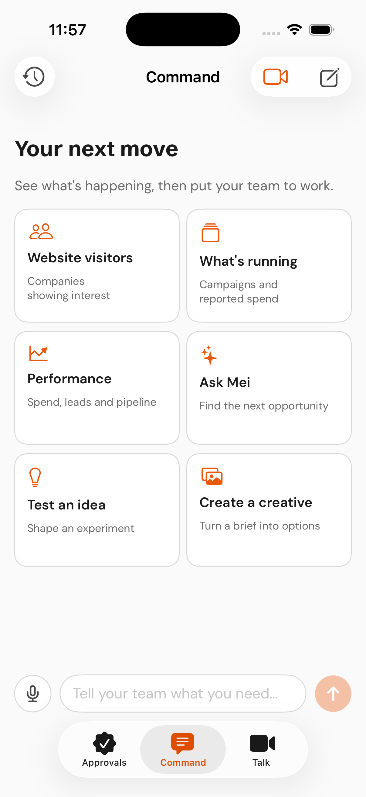 MetadataONE Command home on iPhone, with shortcuts for website visitors, campaigns, performance, ideas, and creative.