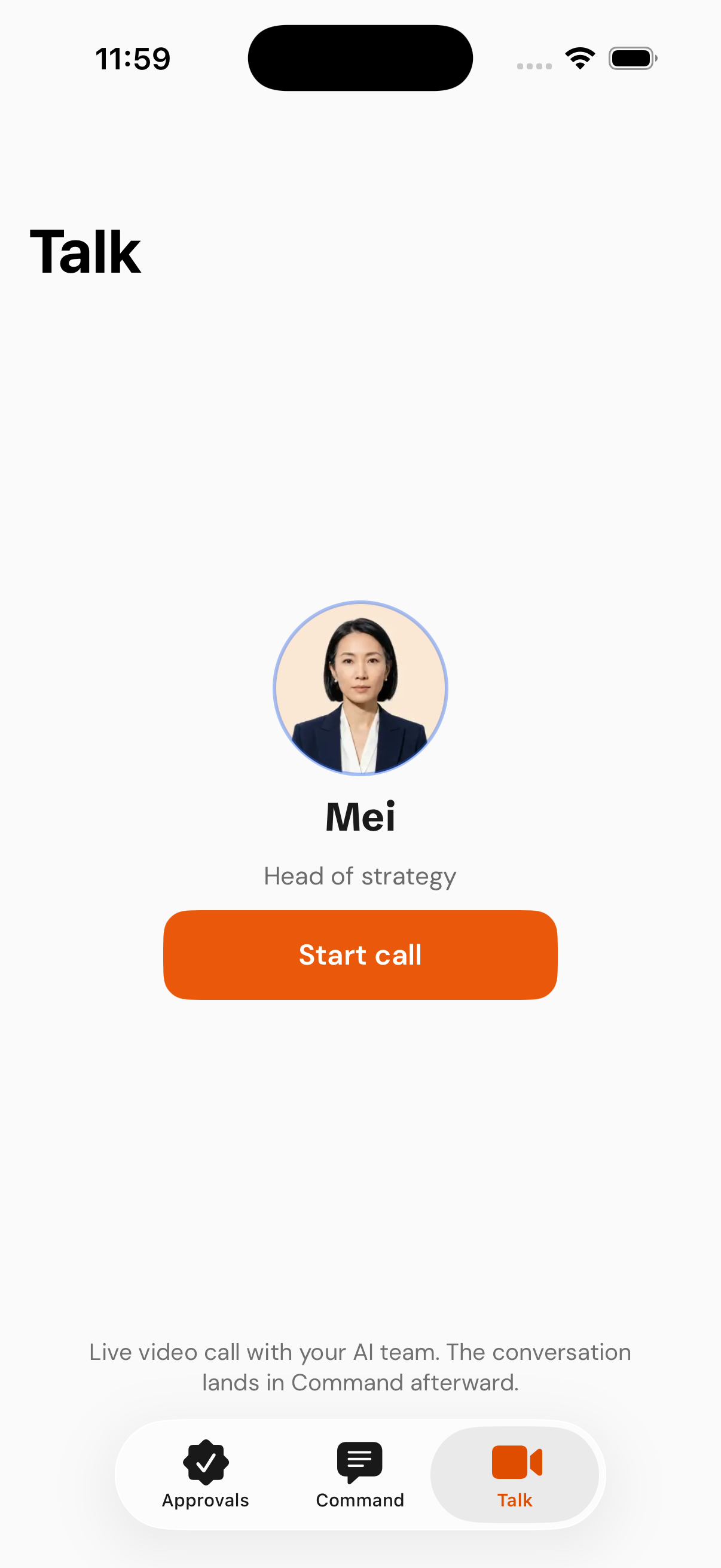 MetadataONE Talk screen showing Mei, Head of strategy, and the Start call button.