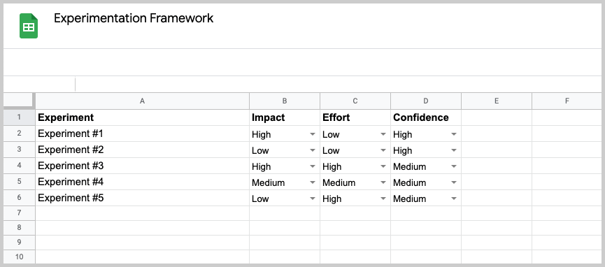 screenshot of a simple experimentation framework spreadsheet