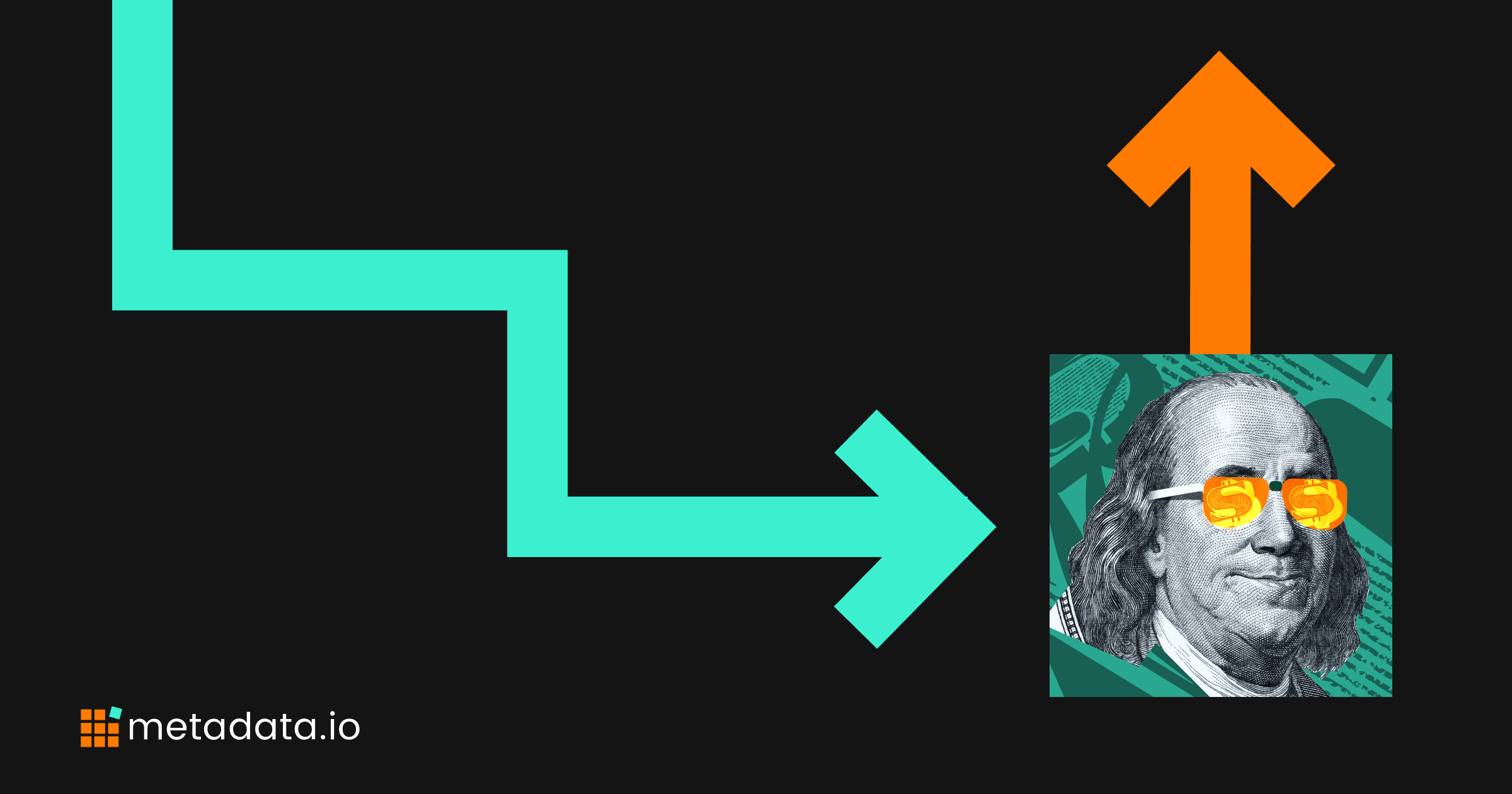 A zigzag teal arrow ending with an orange upward arrow beside Benjamin Franklin wearing stylish sunglasses