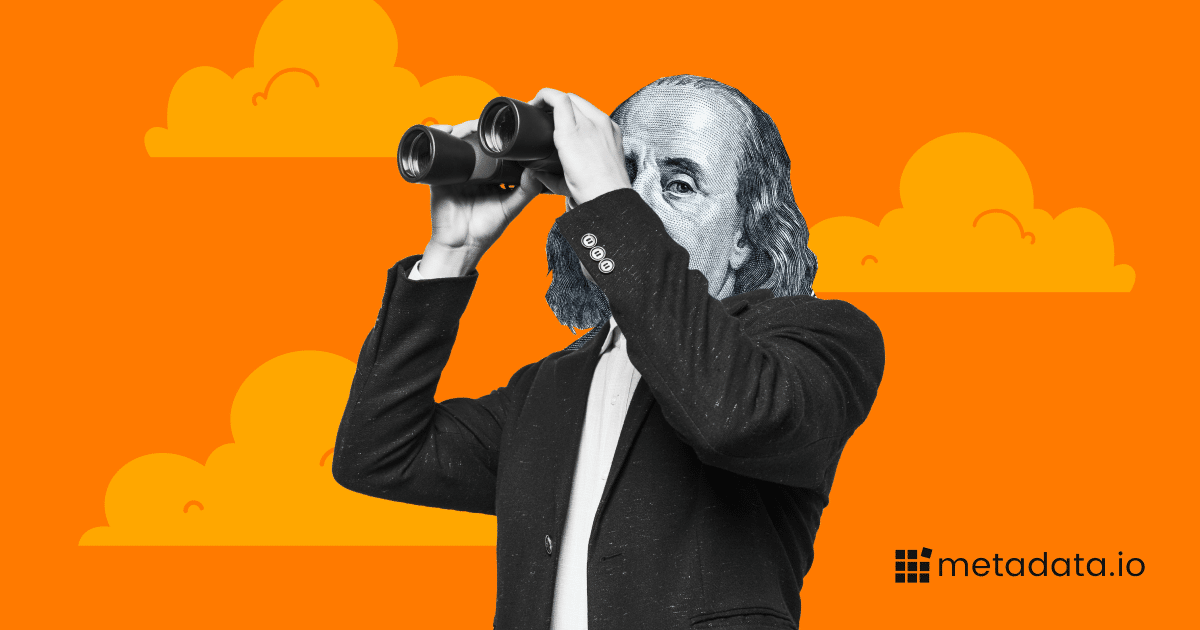 A stylized image of Benjamin Franklin holding binoculars, with an orange background featuring clouds and the metadata.io logo.