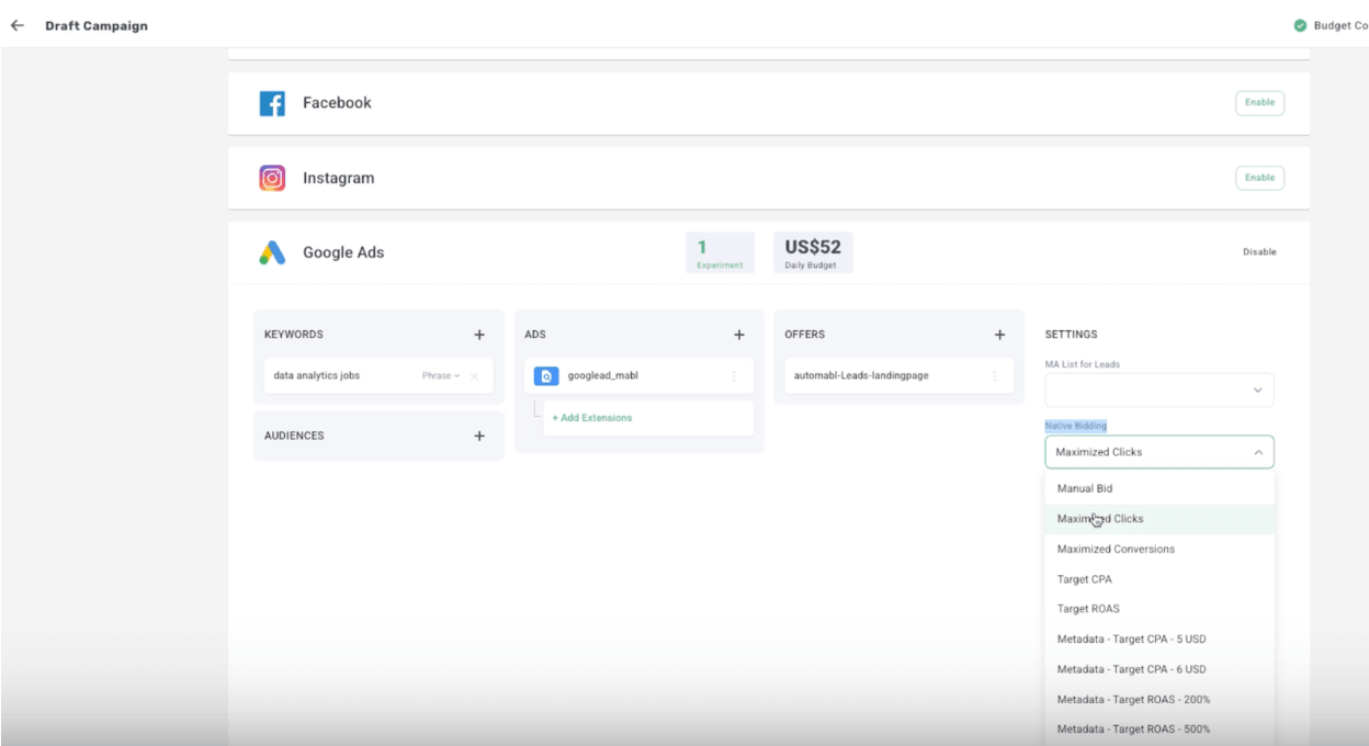 CAMPAIGN - Maximize Clicks Bidding Strategy for Google