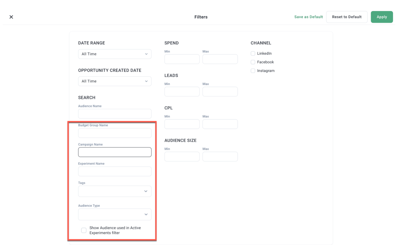 REPORTS - Filter Audience by Budget Group, Campaign, Experiment