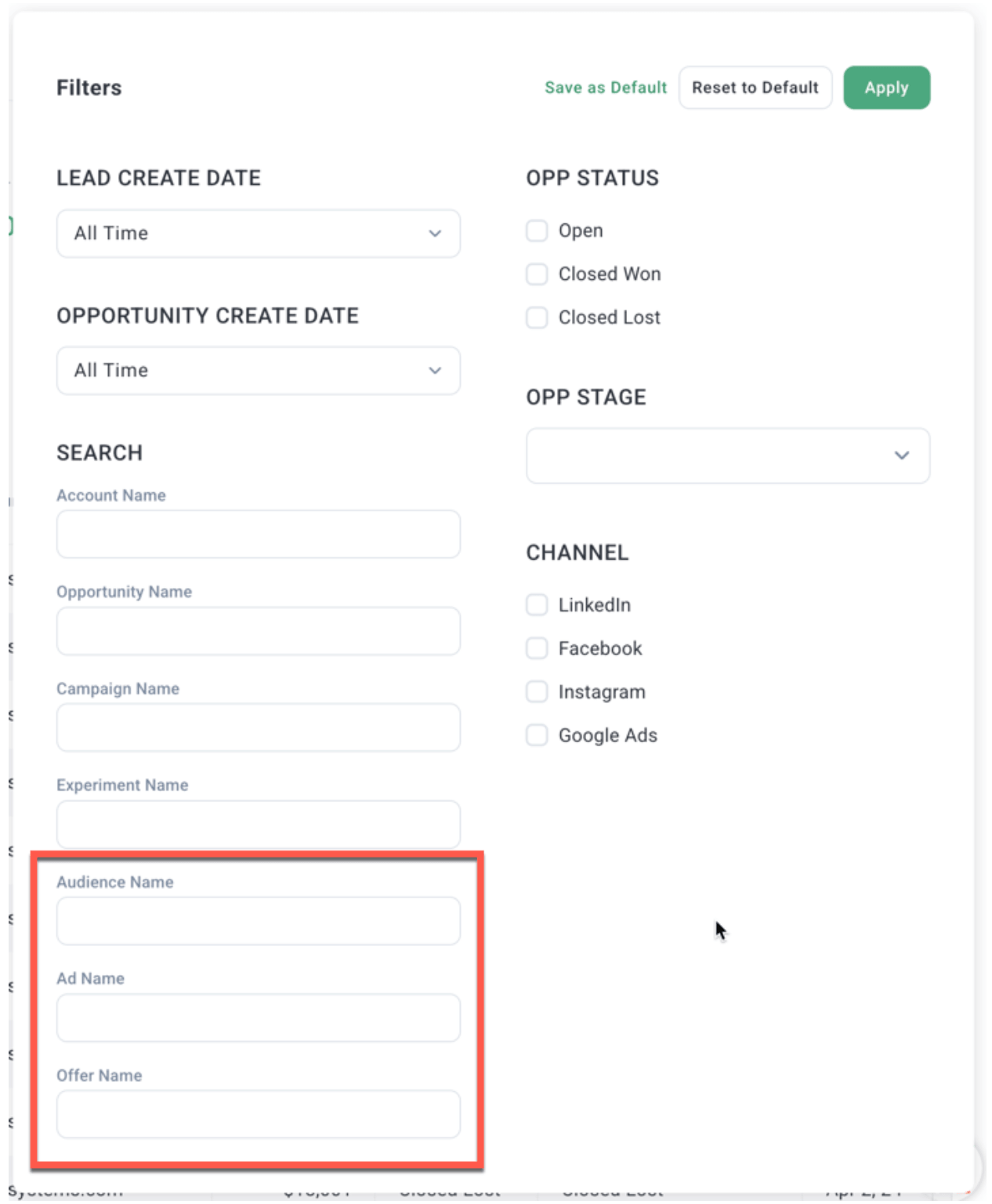 REPORTS - Filters Opportunities by Offers, Ads, Audiences and Click-Through Between Reports
