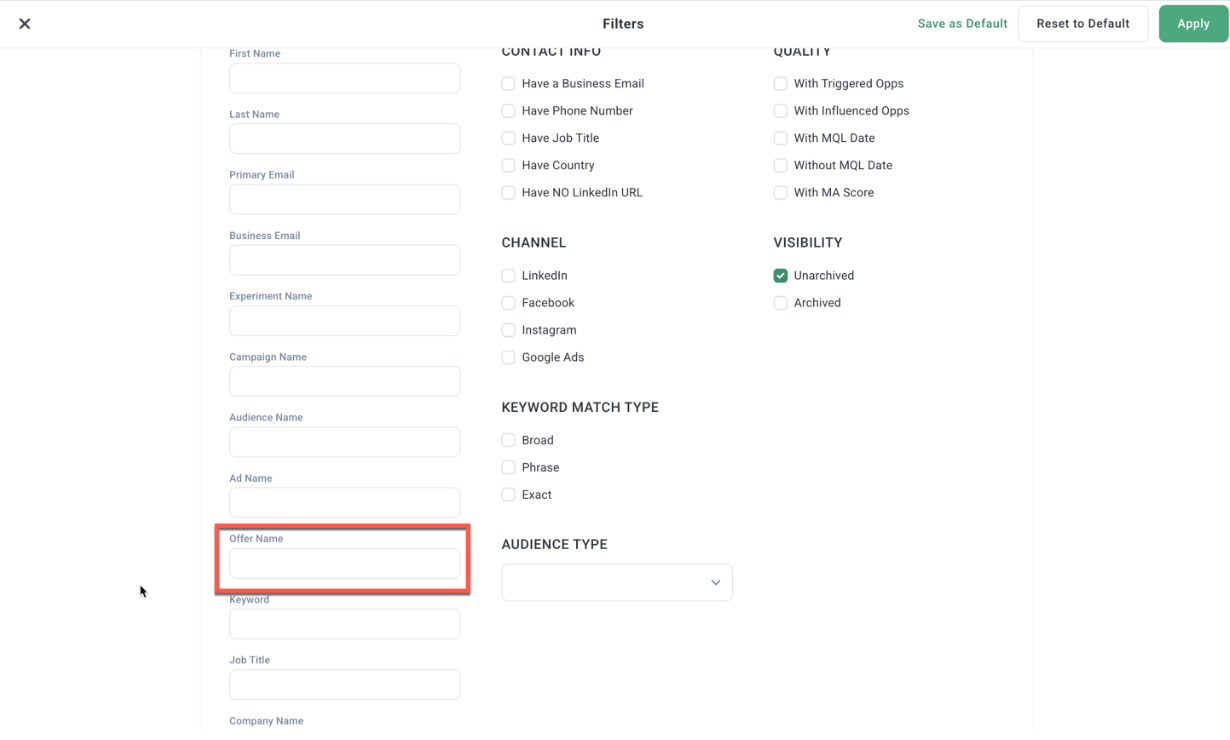 REPORTS - Filters for Leads Table